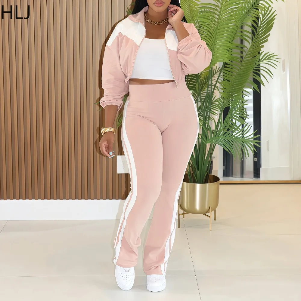 Hlj moda esportes 2 peças conjunto para mulher bloco de cor zíper mangas compridas colheita jaqueta e calças combinando feminino streetwear novo