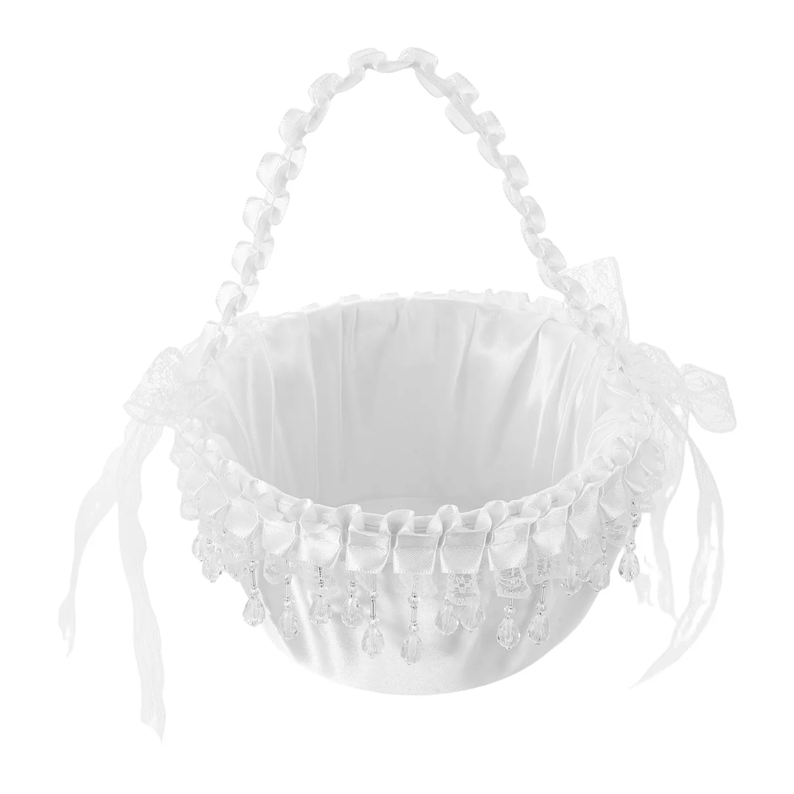 

Flower Basket White Satin With Lace Crystal Decorative Wedding Petal Holder For Aisle Garden Ceremony Bridal Party