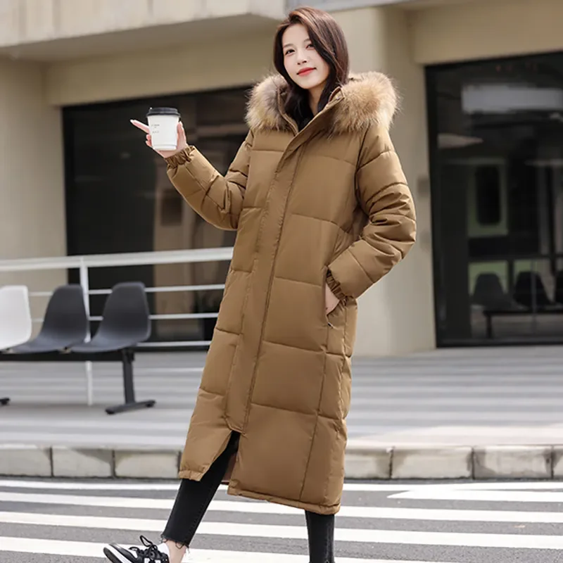 

New Warm Thicken Winter Coatjacket Women Fur Collar Hooded Down Cotton Padded Long Snow Wear Parka Women