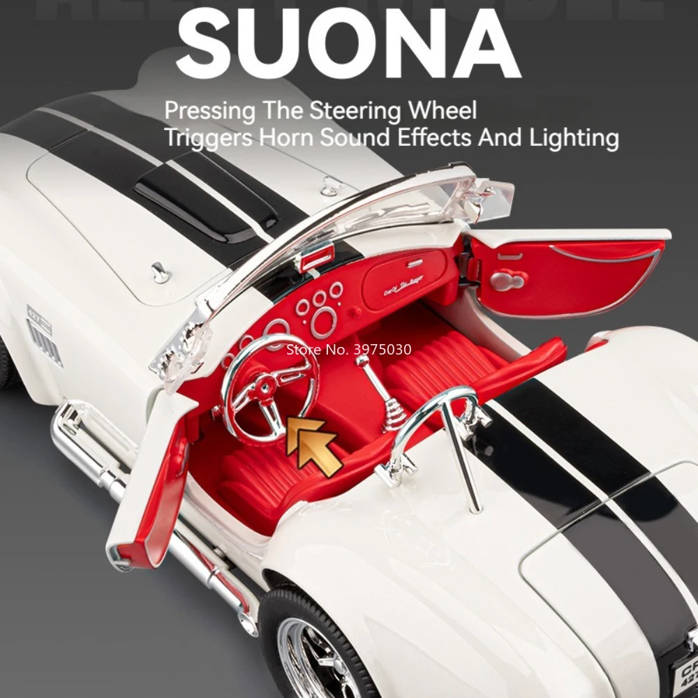1:24 Shelby Cobra 427 Alloy Cars Models Diecast Toys with Pull Back Light Sound Miniature Vintage Car for Children Best Gifts