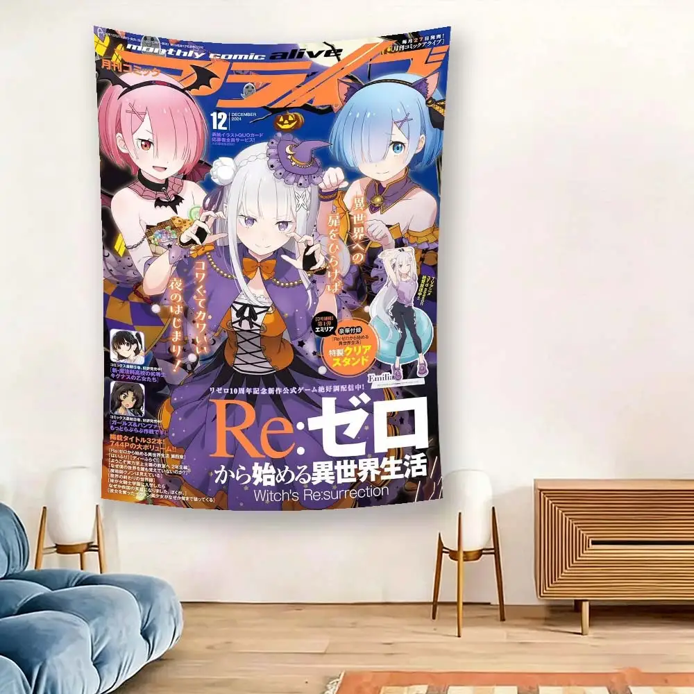 Re:Zero Starting Life in Another World Anime Tapestry, Ram Rem Emilia Halloween Magazine Cover Wall Hanging, Soft Polyester
