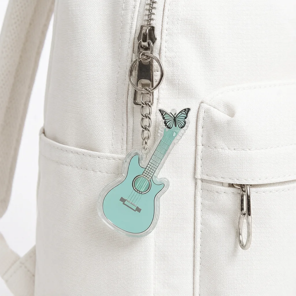 Transparent Acrylic Guitar Keychain 2D Minimalist Instrument Design Keyring Unisex Music Lovers Car and Bags Decor Pendant