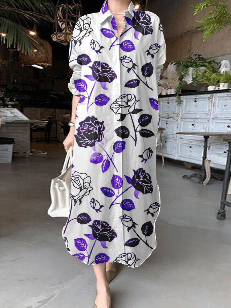 Women's Fashion Knee-length Dress Beautiful Floral Pattern Single Breasted Long Sleeve Shirt Dress Can be made into Jacket