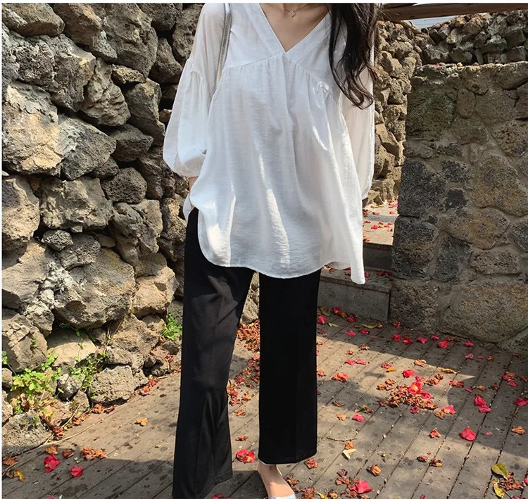 Women V Neck Gathered Bust Blouse Loose Puff 3/4 Lantern Sleeve Shirts Wrinkle Textured Fabric Blouses ﻿ ﻿ view 6