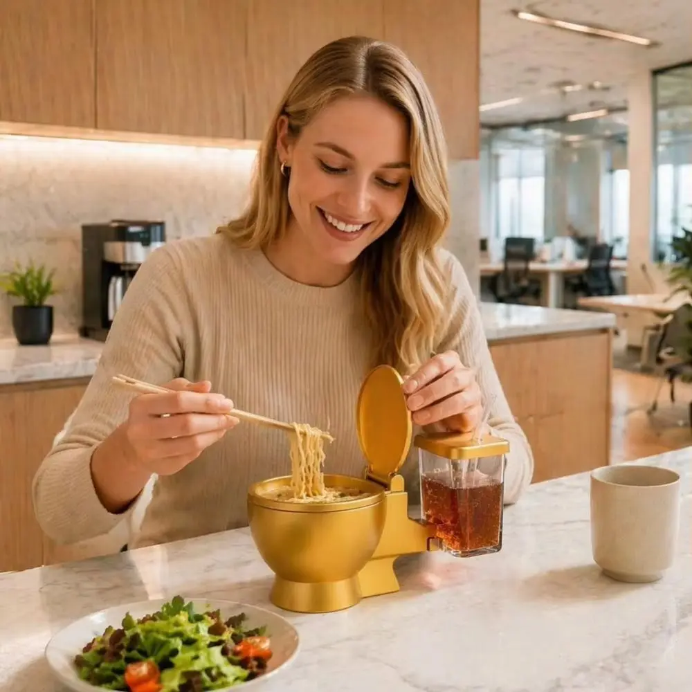 Built In Drink Cup Toilet Shaped Bowl Detachable Stainless Steel Novelty Food Bowl Portable Design Large Size Noodle Bowl