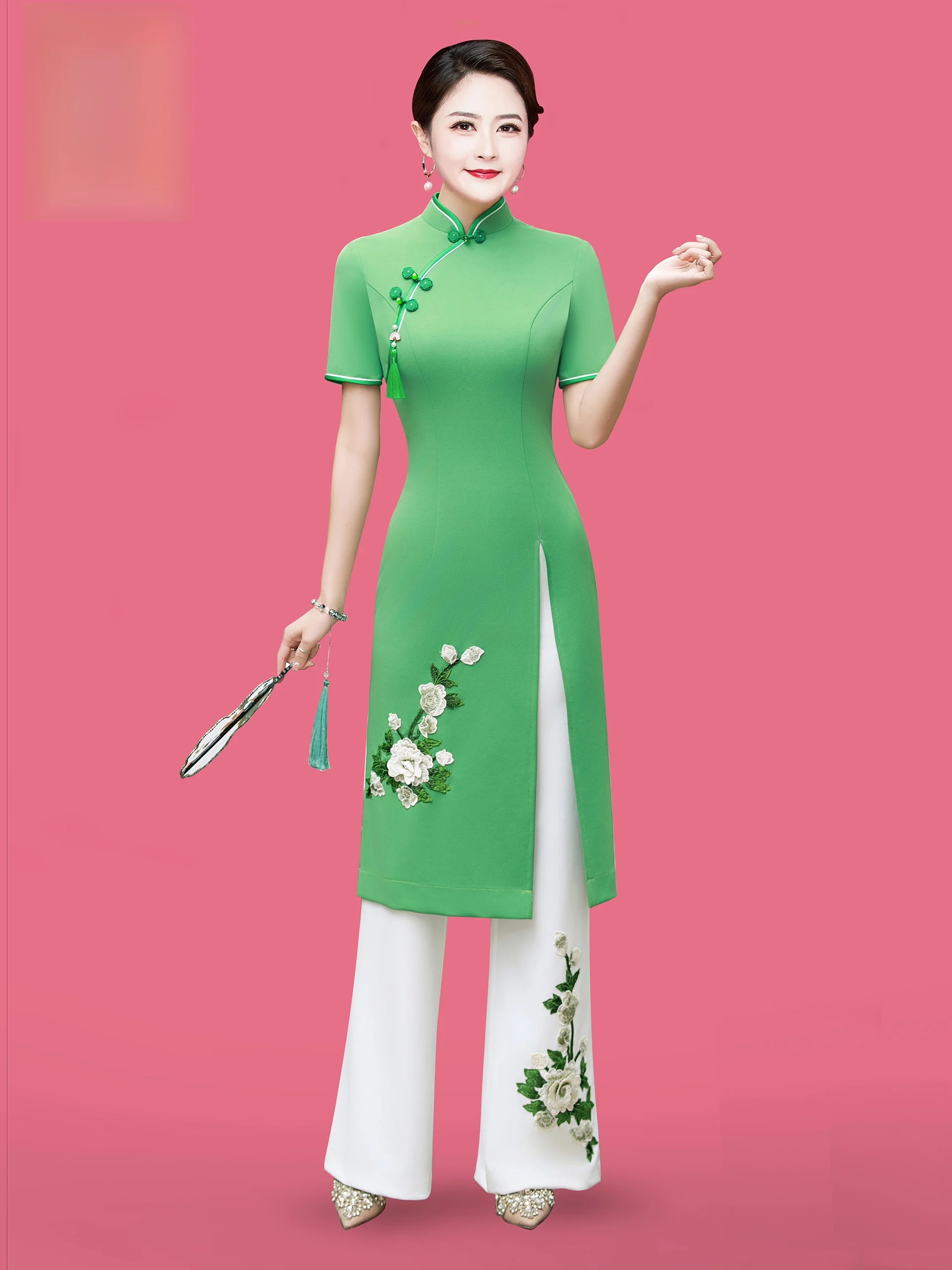 

Ele Vintage Sle Dance Performance Outfit Women's Ensemble Breathable Polyester Fiber ort Sve Midi Dr