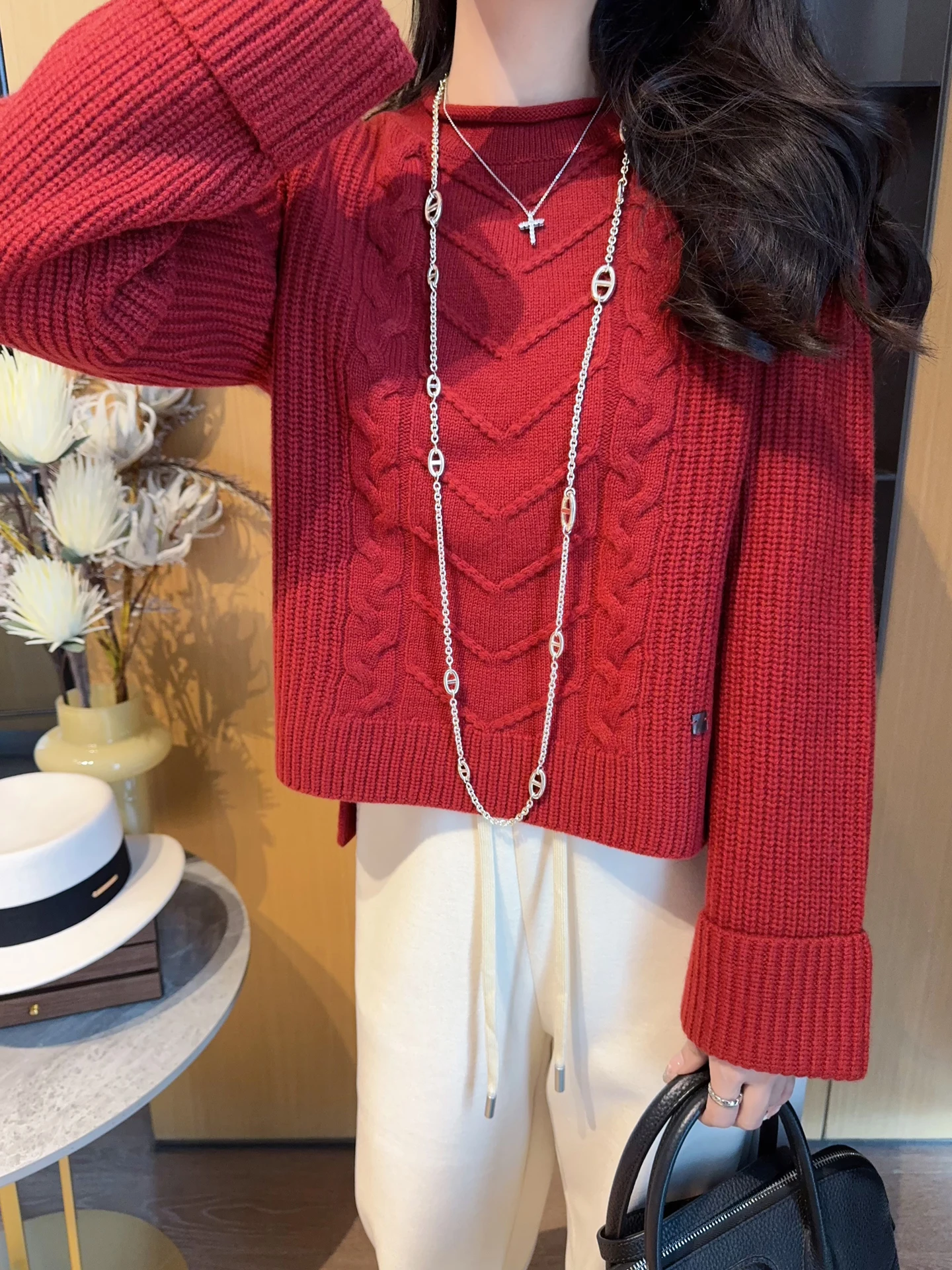 

Autumn Winter Knitted Wool Sweater Women's round Ne Pullover Pure Color Yarn Twist Design Casual Sle Medium Softn