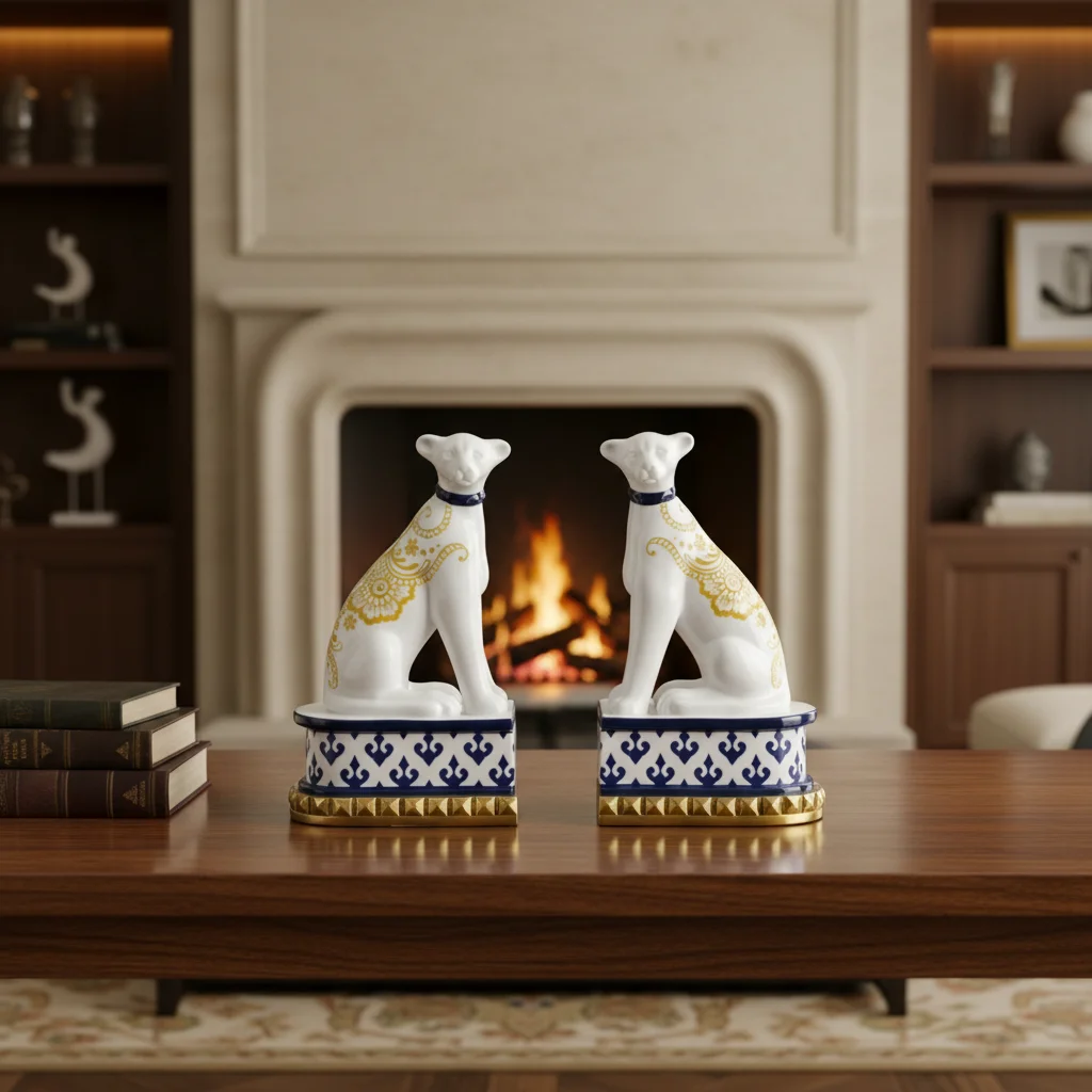 

&c French European-style Fine Art Pure Handmade Ceramic Copper-inlaid Hand-painted Dog Leopard Bookend Study Desktop