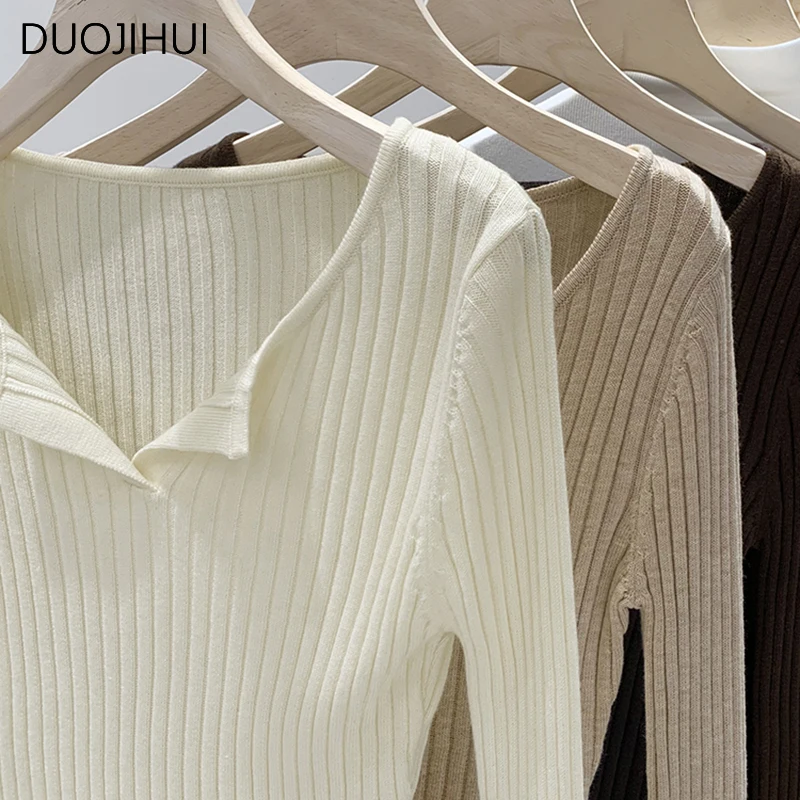 DUOJIHUI Korean New Chic V-neck Knitting Women Pullovers Autumn Fashion Striped Solid Color Simple Long Sleeve Female Pullovers