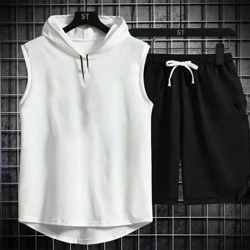 Men Tops Waistcoat Sleeveless Tops Hoodie Vest Fitness Shirt Solid Color Hip Hop Casual Workout Summer T-shirt Hooded Underwaist