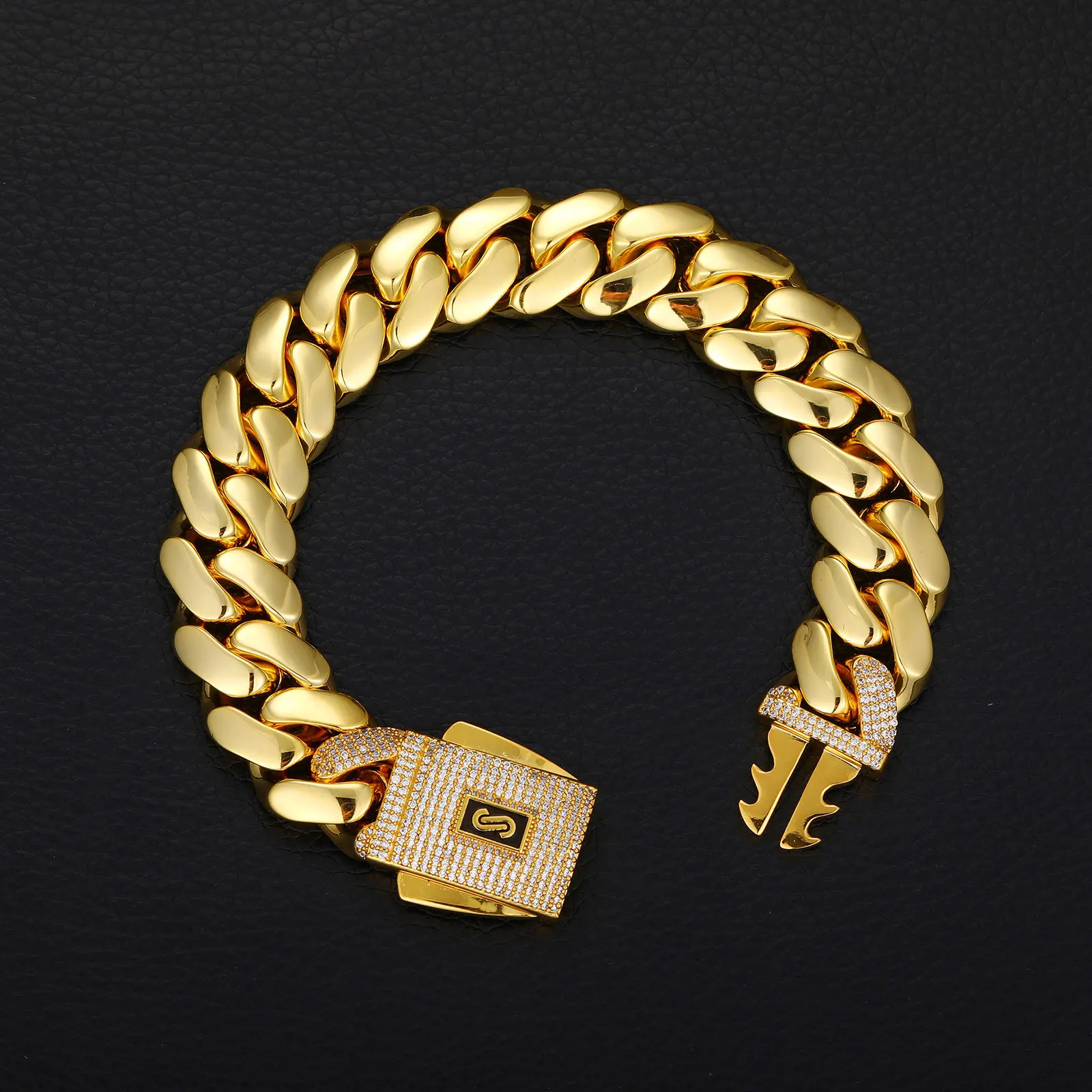 Hip Hop Cross Border 18K Copper with Zircon Smooth Cuban Chain Men's Trendy Luxury Bracelet Accessories Men's and Women's Sparkling Hip Hop Necklace Fashion Jewelry Commemorative Gift Unique Jewelry