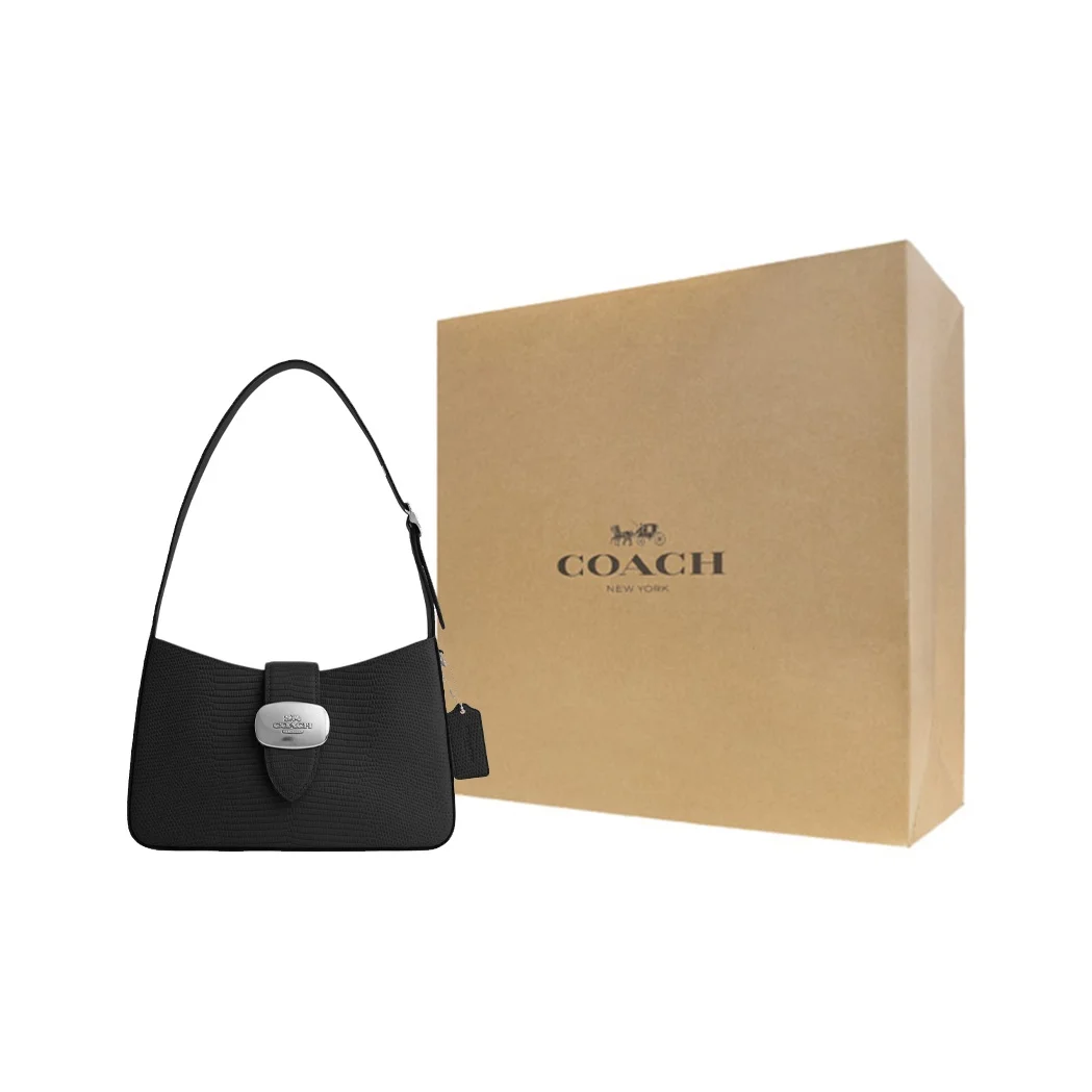 COACH Eliza Lizard Embossed Leather Handbag, Shoulder Bag Medium Women's Silver & Black CR107-SVBK