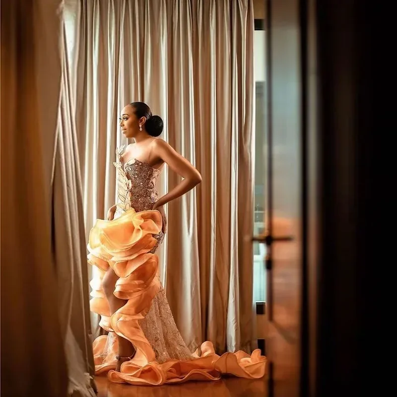 Luxueux AsoEbi sirène cristal tridimensionnel fleur robe de bal Sexy une épaule manches formelle Occasion robe personnalisée