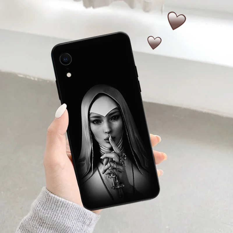 Phone Case For iphone 16Plus XR XSMax 15 14 13 12 11 16 Pro Max Mini 7 8 Plus 15Pro Jesus Nun Sister Black Soft Protective Cover