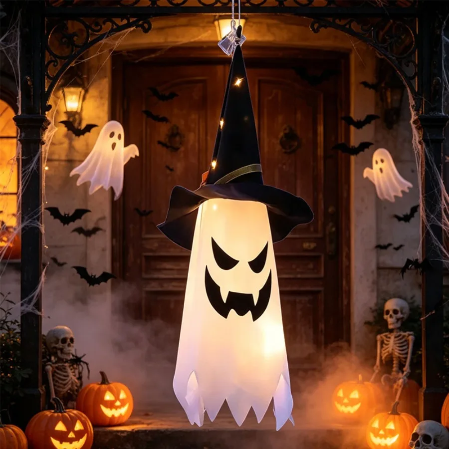Halloween Glowing Ghost Witch Hat Decorations, LED Hanging String Lights with 3 Lighting Modes Double-Sided Ghost Face Ornaments