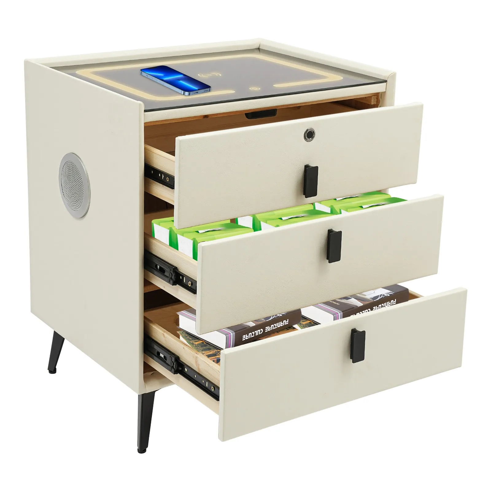 خزانة ذكية بجانب السرير مع قفل ببصمة الإصبع، ومنضدة LED ذات 3 أدراج بسعة 50 كجم لغرفة النوم الحديثة