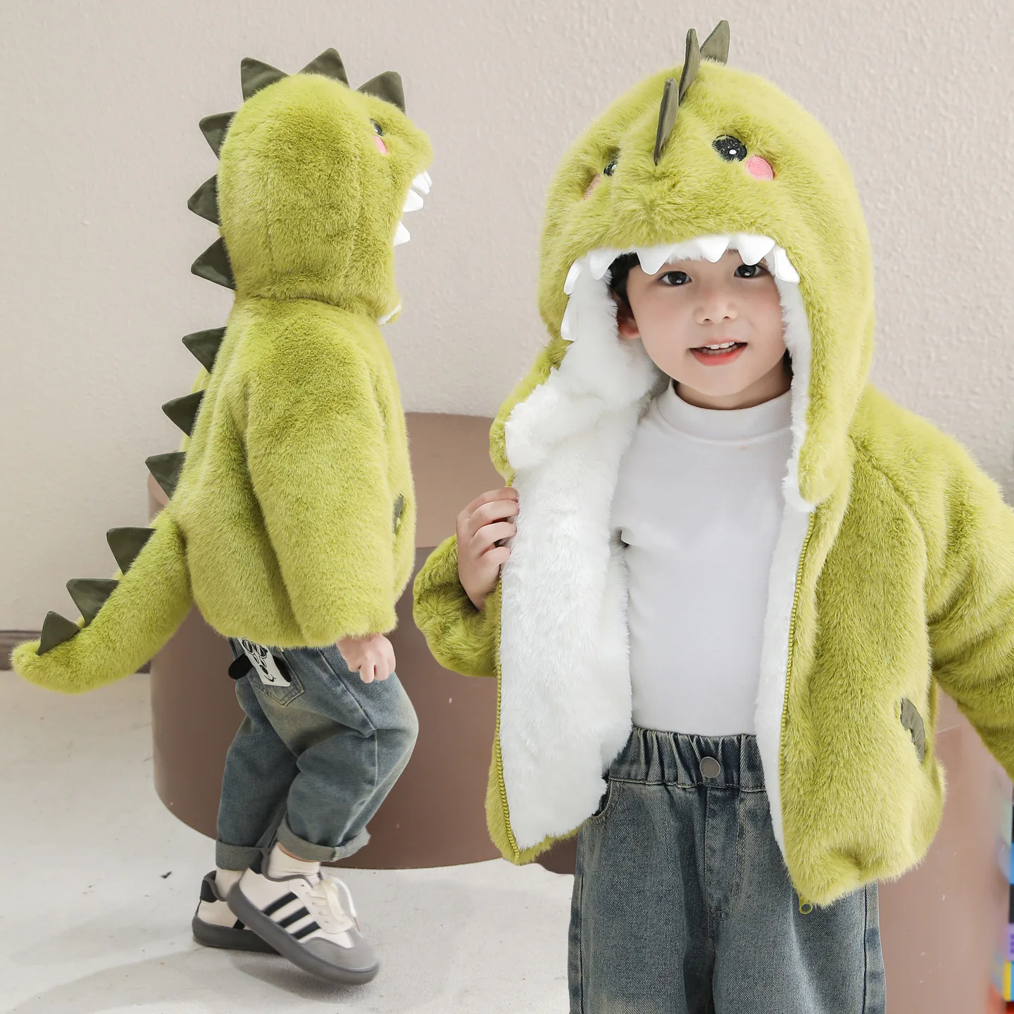 Boys Velvet Jacket 2026 Spring Autumn Winter New Children Cartoon Dinosaur Hairy Stylish Boys Baby Cute Top