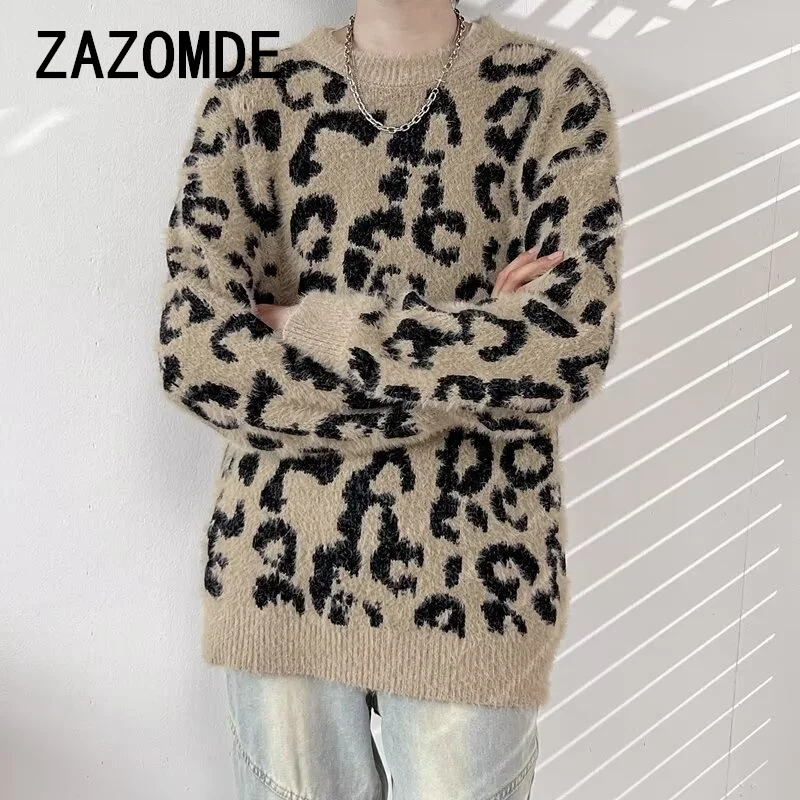 ZAZOMDE 2024 Winter Leopard Pattern Sweaters Korean Warm Knitting Winter Animal Print Long Sleeve Pullovers Streetwear Knitwear