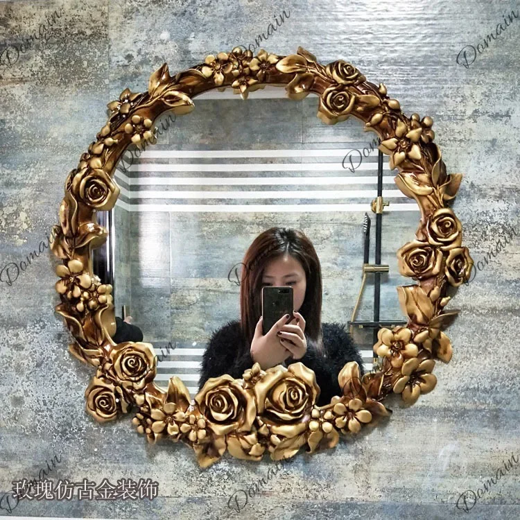 G K X46 European Bathroom Mirror Garden Field Wall Hanging Rose Vanity Mirror Bathroom Vanity Retro Mirror E