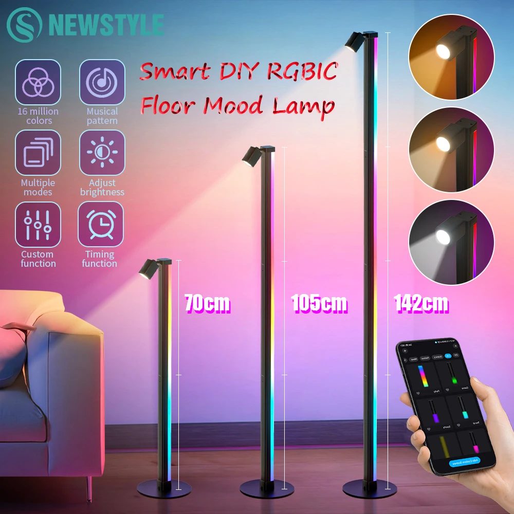 عكس الضوء RGB مصباح أرضي للزاوية التطبيق الذكي DIY الارتفاع واللون 142 سنتيمتر 4 أقسام LED المزاج ضوء مع ضوء القراءة للديكور المنزل