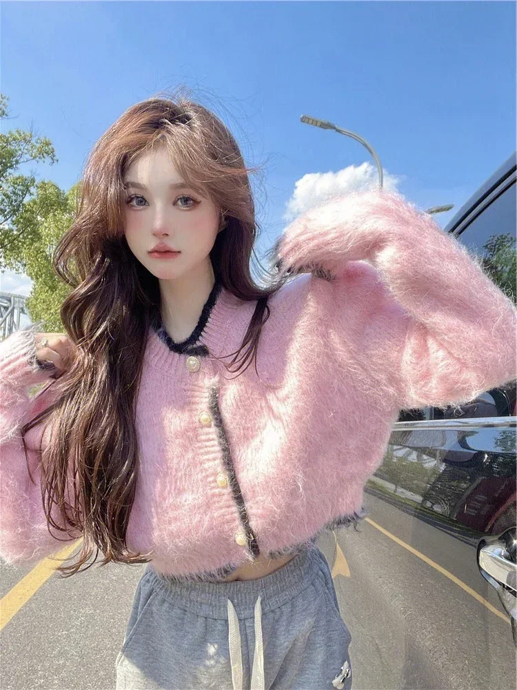 Morbido Mohair Maglione A Maniche Lunghe delle Donne Autunno/Inverno 2024 Nuovo Coreano Rosa Versatile Breve Cardigan Lavorato A Maglia Cappotto Pull Femme