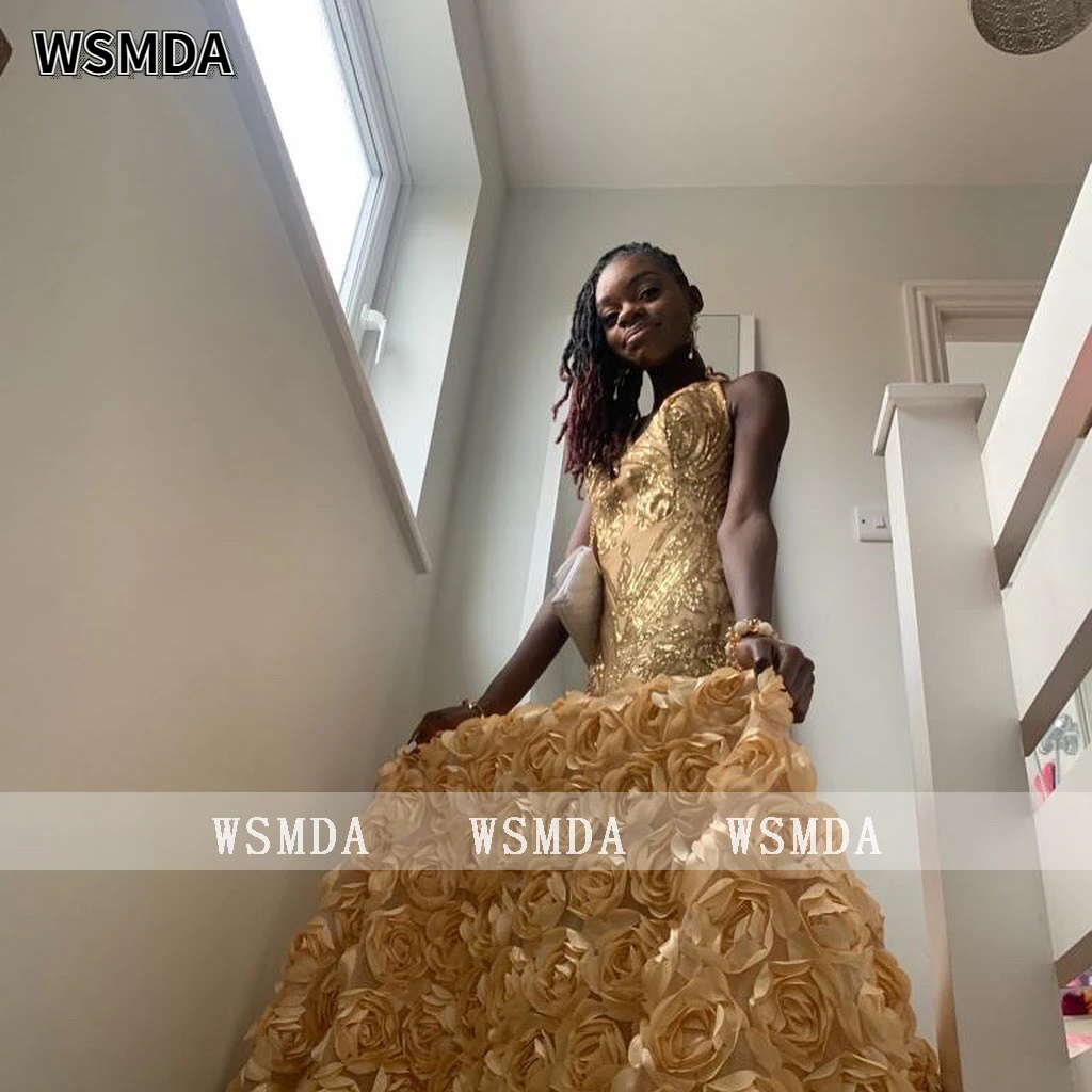 الذهب الترتر الدانتيل الزهور أسفل حورية البحر فستان الحفلة الراقصة الرسن العنق لطيف مساء حزب ثوب للفتيات الحلو مخصص #3