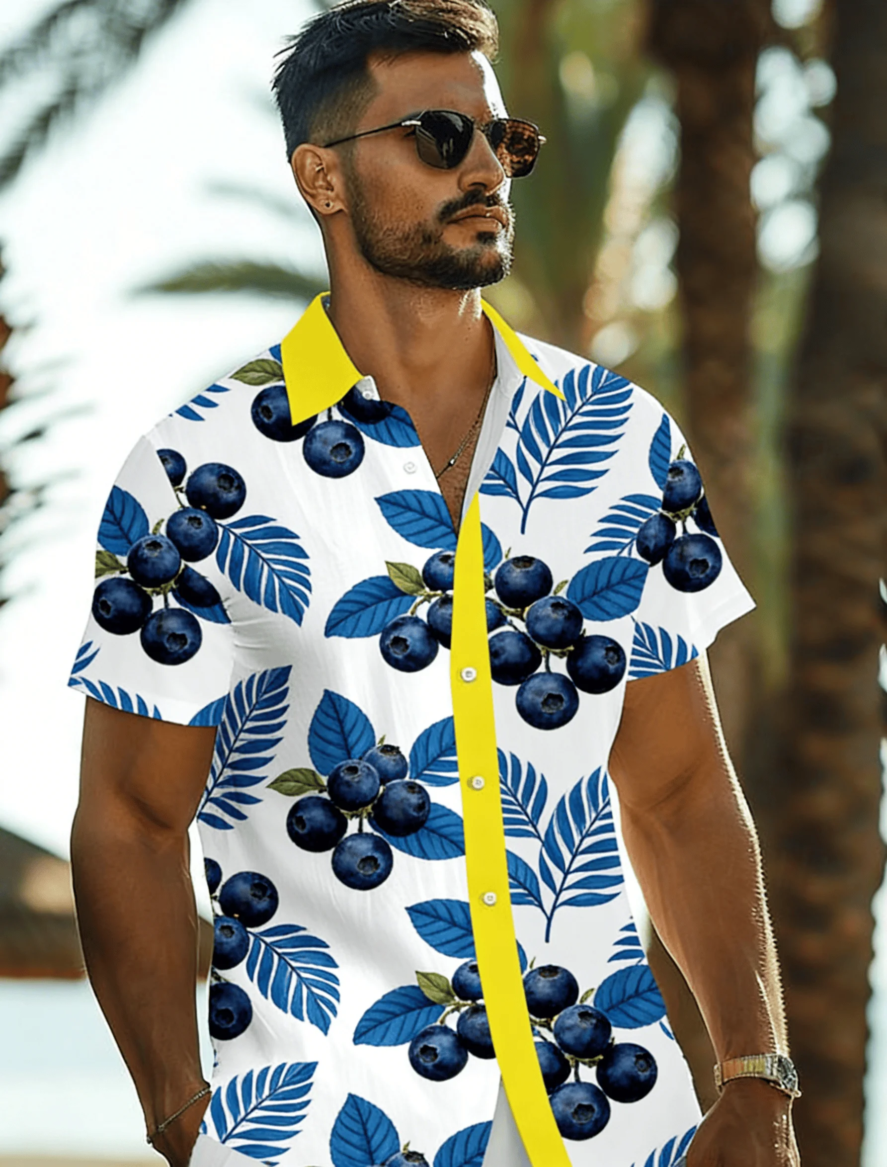 

Men's Plant Print Color Block Short Sleeve Shirt, Spring Summer Fresh Fruit Vacation Casual Top, Pocket Lapel Style