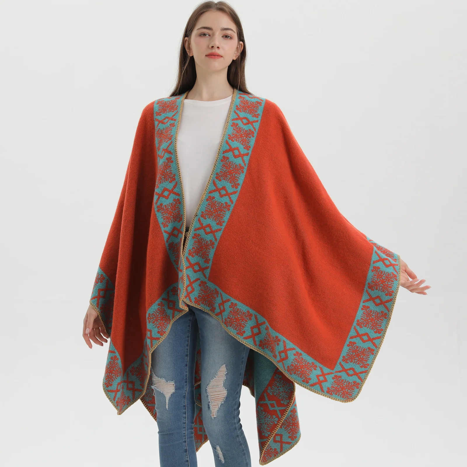 High Quality Thick Warm Women's Autumn Winter Shawl Coat Vintage Open Cardigan Long Geometric Pattern Flat Weave