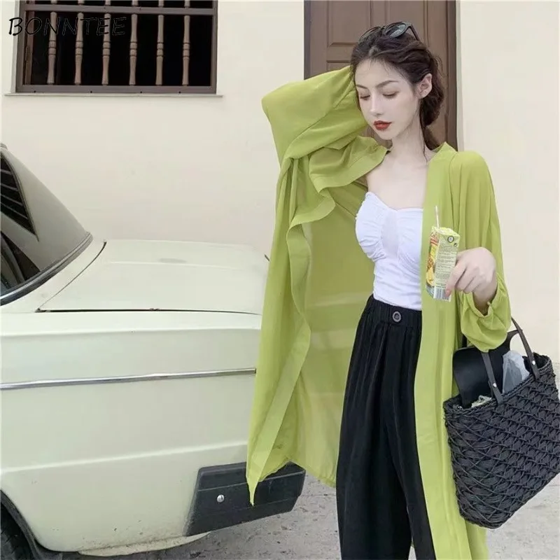 Long Shirt Women Spring Full Sleeve Solid Wave Cut Decoration Chiffon Open Stitch Loose Thin Breathable Summer Slim Outerwear