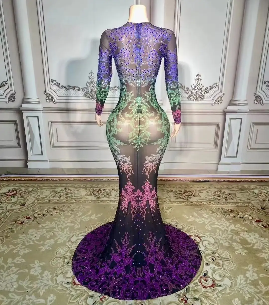 Dostosuj Sukienkę Damską Sexy z Głębokim Dekoltem, Dopasowaną, Długą, Podkreślającą Biodra, Elegancką, Całkowicie Zdobioną Cekinami, Długą do Podłogi, Obcisłą, Celebrycką na Imprezę