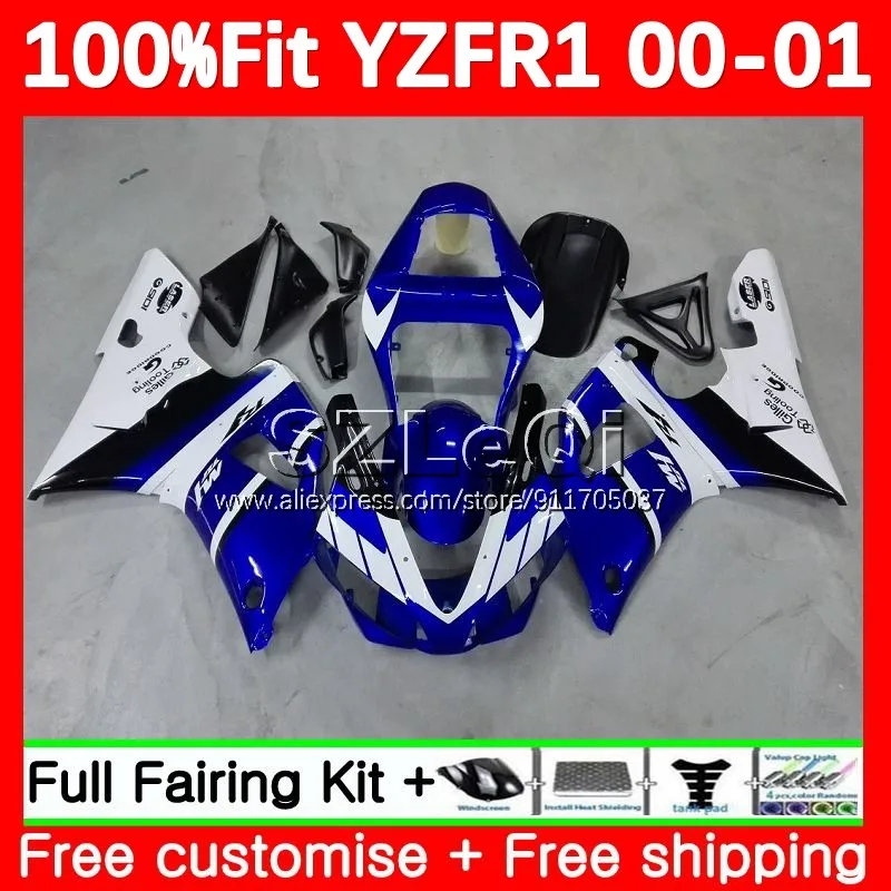 Injection Body For YAMAHA YZF R1 YZF R 1 1000 CC YZF-1000 YZFR1 00 01 129No.12 Blue white YZF1000 YZF-R1 2000 2001 OEM Fairing