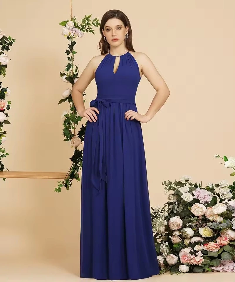 

MisShow Basic Evening Dresses Hollow Collar Sleeveless Halter Sashes Prom Dress Chiffon A-Line Floor-Length Pleated Empire Gowns