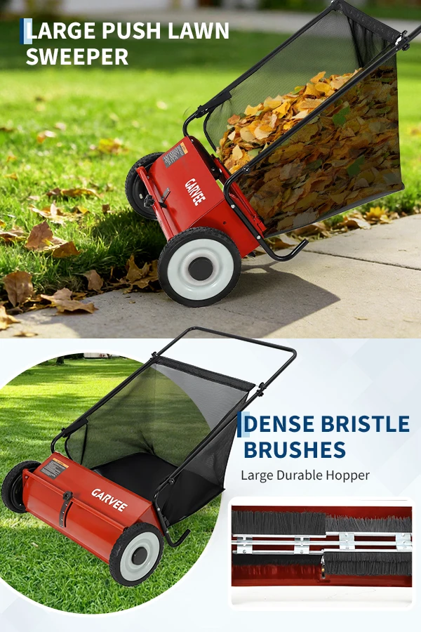 Push Lawn Sweeper, Heavy Duty Manual Yard Sweeper with 4 Spinning Brushes, Adjustable Height and Collection Bag, Grass Clippings Leaves Debris Collector for Lawn Garden Yard Cleanup