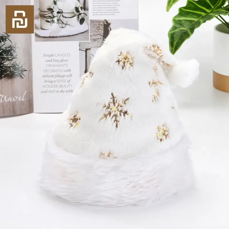 Youpin-Sombrero de Navidad de felpa blanca para adultos, bordado de copo de nieve con cuentas doradas y plateadas, regalo de Feliz Navidad, Feliz Año Nuevo