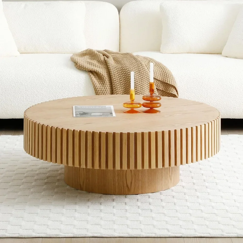 Mesa de centro redonda de madera de 39,37 pulgadas: diseño estriado hecho a mano, forma redonda elegante, mesa de centro de material de madera para sala de estar