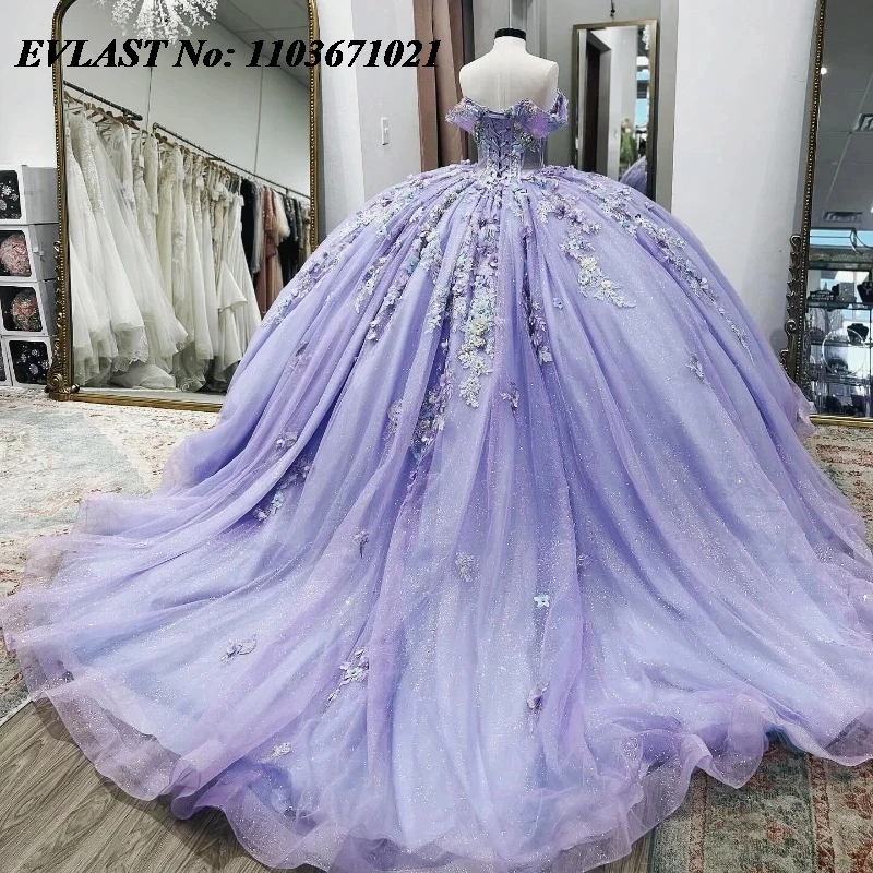 EVLAST Customized Lavender Shiny Quinceanera Dress Appliquéd Lace Beads Crystal Ball Gown Sweet 16 Vestidos De 15 Anos SQ725