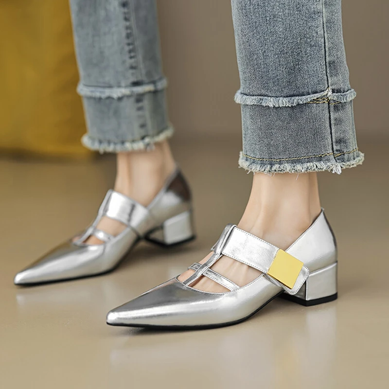 NEW Spring/Autumn Women Pumps Split Leather Shoes for Women Pointed Toe Chunky Heel Shoes Metal Buckle Mary Janes Handmade Shoes