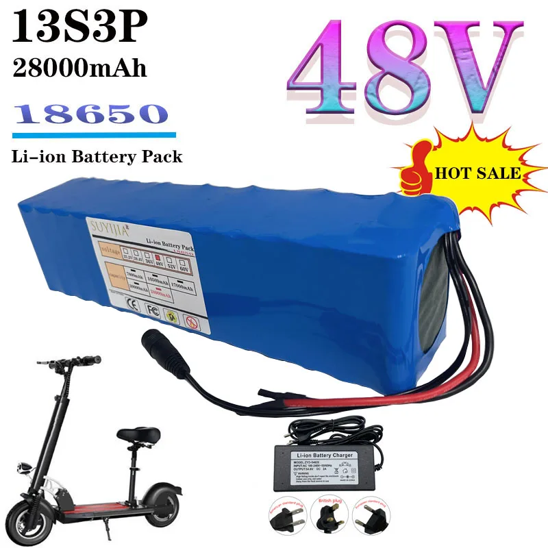 18650 New Original Rechargeable Li-ion Battery 48V 28AH 13S3P XT-60 + DC 18650, BMS Circuit Protection + Charger Send