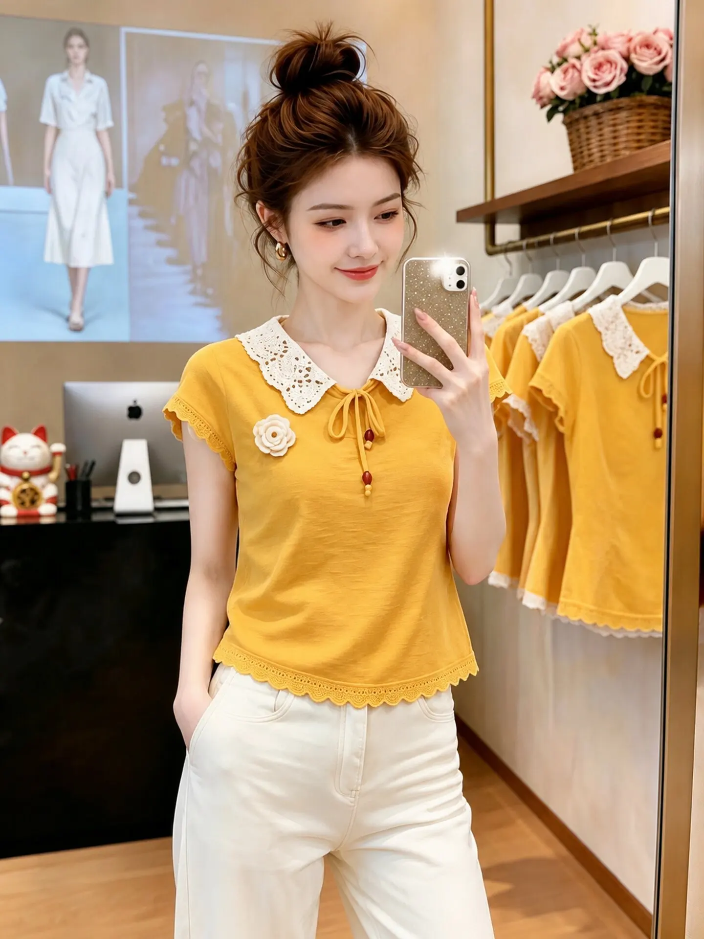 Yellow Lace Trimmed Doll Collar Knitted Short Sleeve Women's Top Summer 2026 Stylish Commute Wear Polyester Fiber Regular Fit