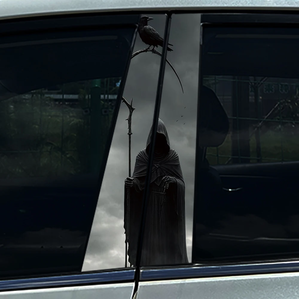 

2pcs Grim Reaper Scythe Raven Hood Cloak Death Mysterious Car Center B Pillar Protective Film Sticker For Peugeot