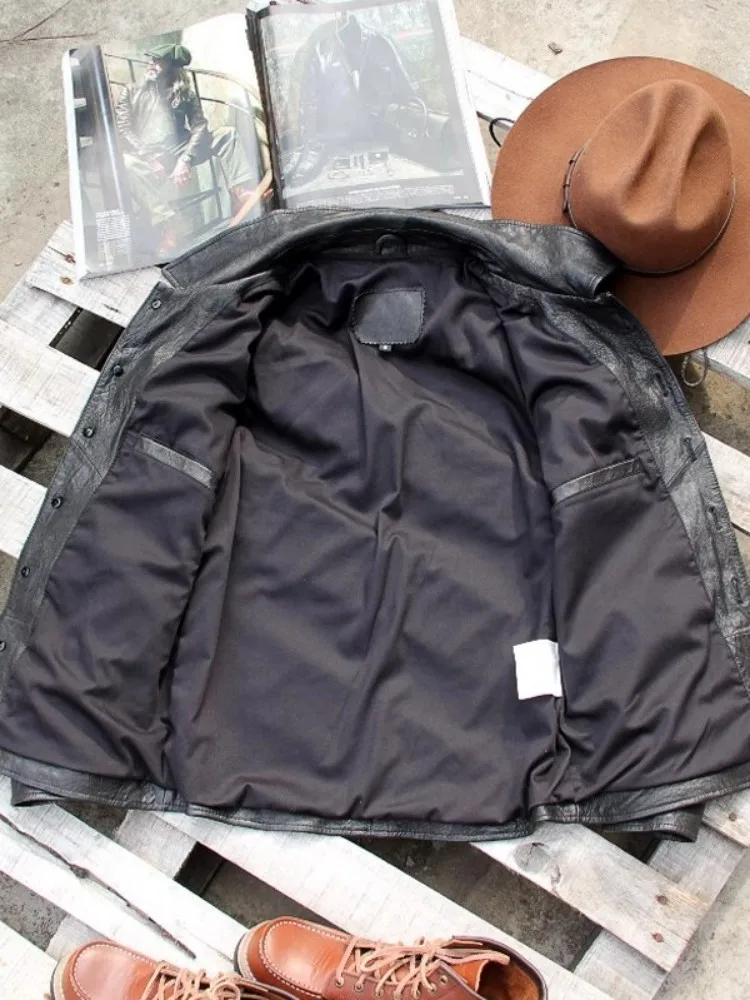 Punk Mens Genuine Leather Jacket Vintage Single Breasted Slim Fit Spring Motorcycle Coat Long Sleeve Cargo Work Male Outerwear