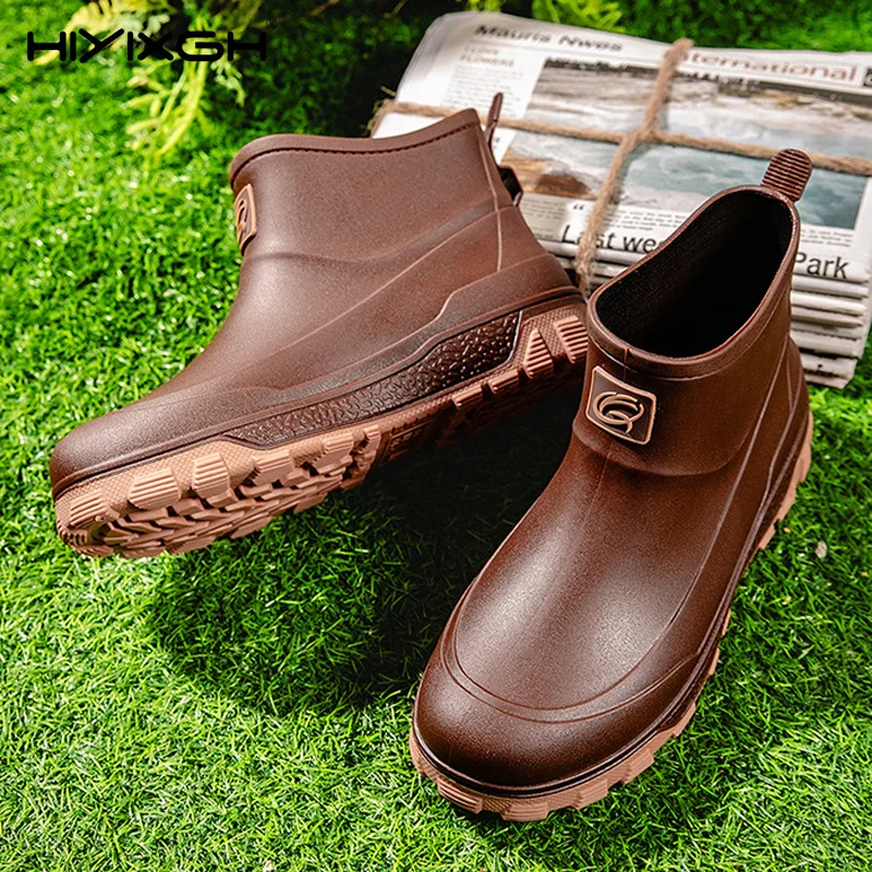Men's Thick Bottomed Outdoor Fishing Rain Boots Waterproof Non-Slip Adult PVC Short Boots Korean Style round Toe Flat Heel