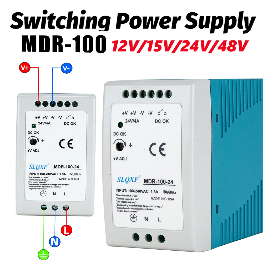 100W Industrial Mini AC/DC Din Rail Power Supply Switch MDR-100 Single Output Switching Source 5V/12V/15/24V/48V