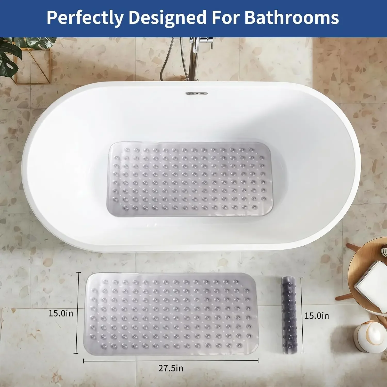 27.5X15 Inch Anti Slip Bath Mat, Quick Drying Bathtub Mat with Strong Suction Cups and Drainage Holes, PVC Bathroom Mat Suitable