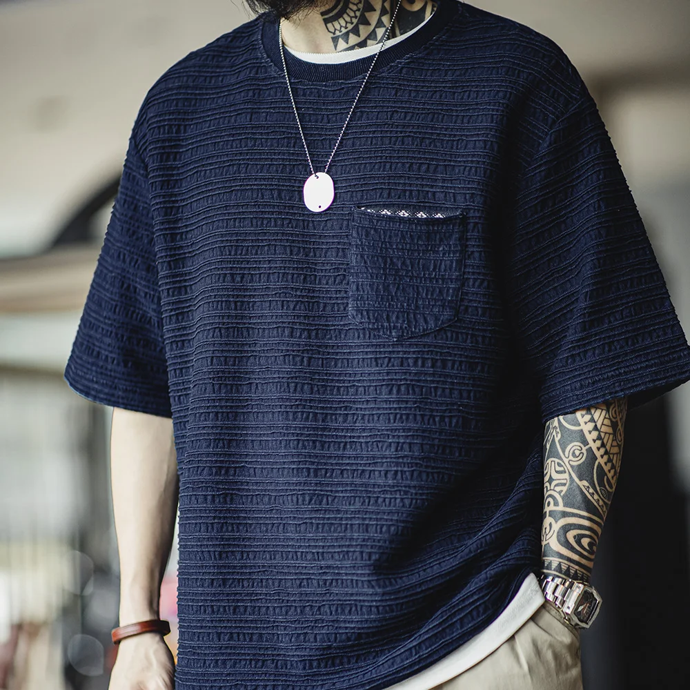 Maden Retro Indigo Knitted Jacquard Wave Pattern Textured T-shirt Loose Fit Solid Color Short-sleeved Tee for Men's Summer Tops image 3