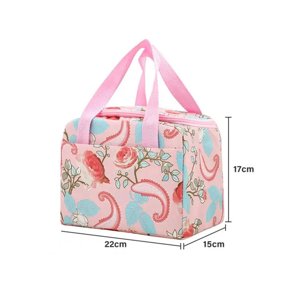 Lunch Bag Waterproof Zipper Portable Handle Thermal Cooler Oxford Cloth Floral Print Bento Box Pouch Container for School