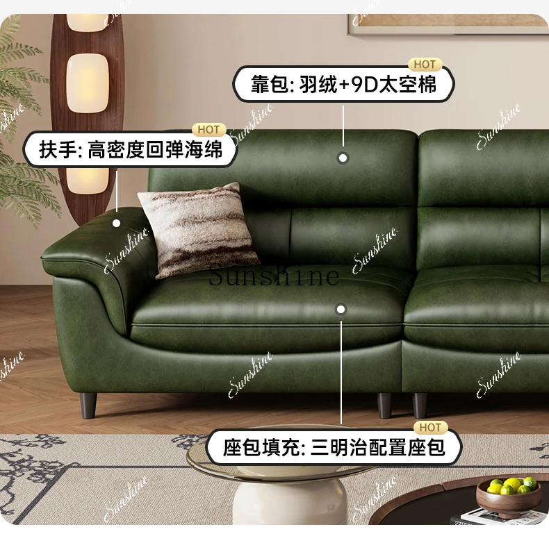 oil wax leather leather sofa, antique small apartment in the living room, straight row, light luxury and high-end senseP