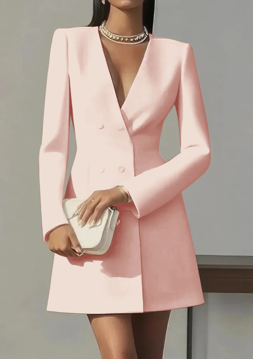 Elegant V Neck Double Breasted Long Sleeve Blazer Dress for Women Office Party Cocktail Wear