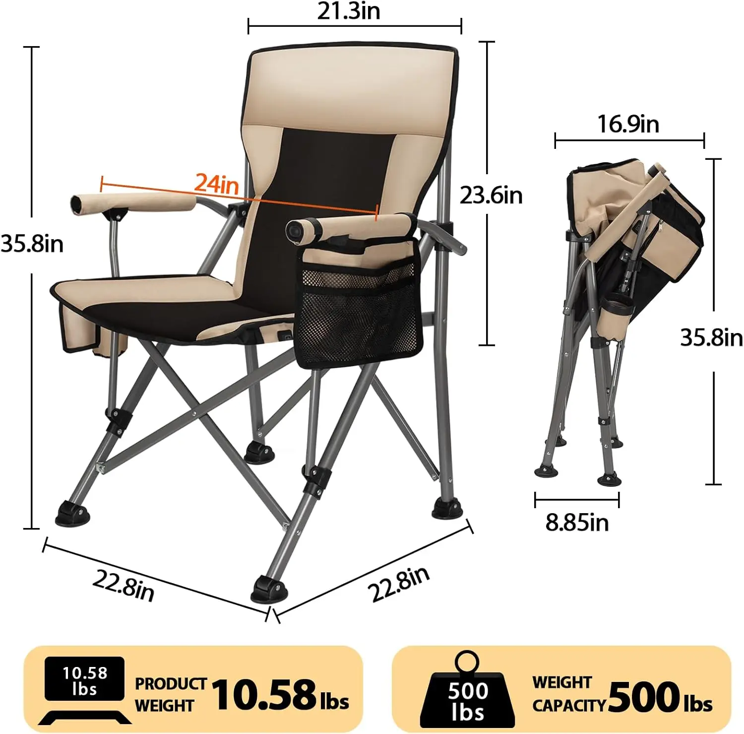 Chaise pliante de camping métropolitain entièrement rembourrée, avec batterie, supporte 500 lb, pour les sports de plein air