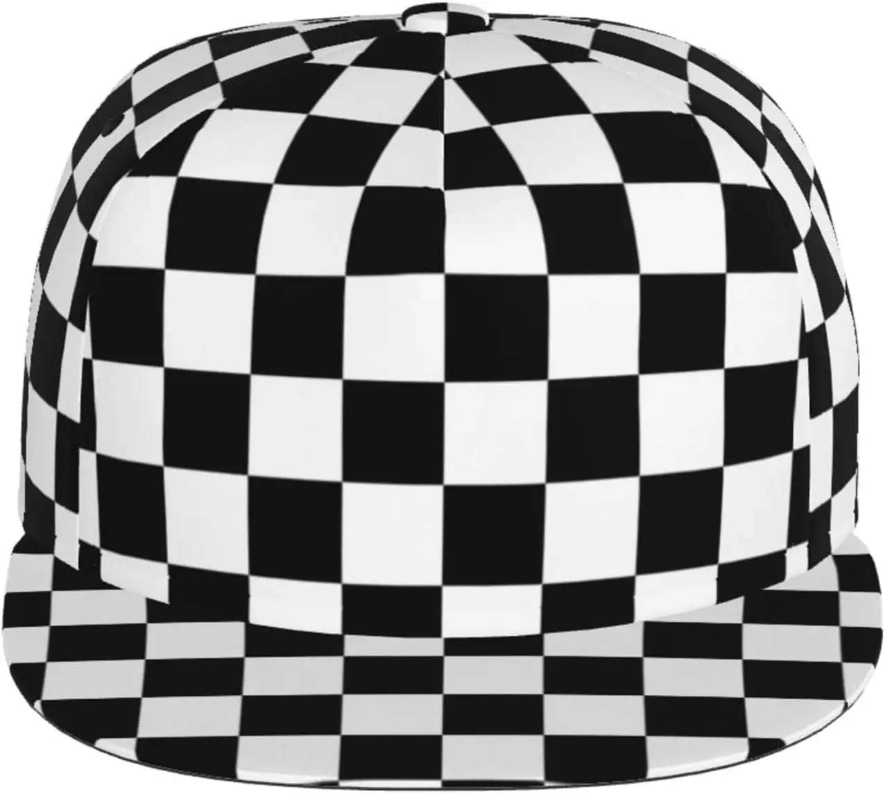 Black White Race Checkered Flag Pattern Flat Bill Hat, Unisex Snapback Baseball Cap Hip Hop Style Flat Visor Blank Adjust